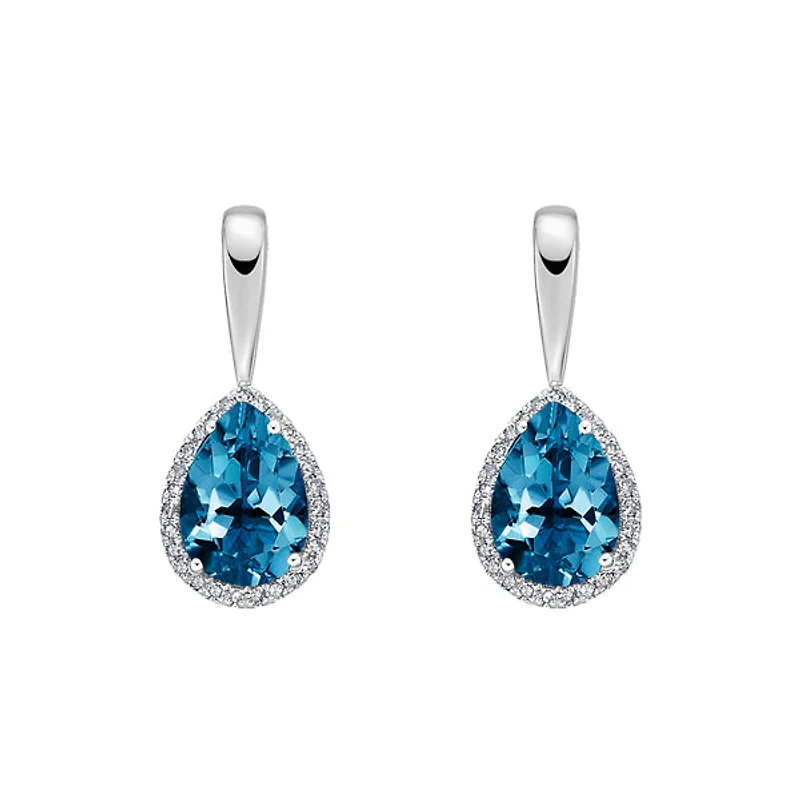 10K White Gold Prong-set London Blue Topaz Earrings with Diamond Halo