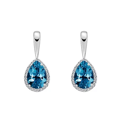 10K White Gold Prong-set London Blue Topaz Earrings with Diamond Halo