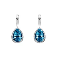 10K White Gold Prong-set London Blue Topaz Earrings with Diamond Halo