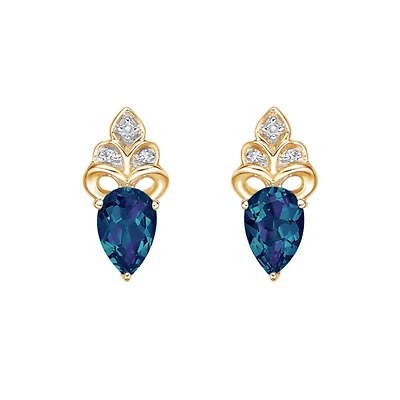 10K Gold 1.0cttw Created Alexandrite and 0.03cttw Diamond Earrings