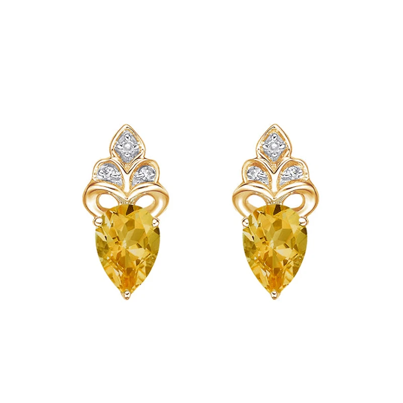 10K Yellow Gold Prong-set Citrine Earring with Diamond accent
