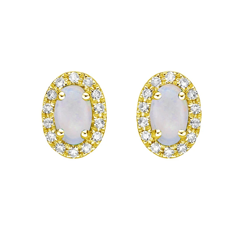 10K Yellow Gold Prong-set White Opal Earring with Diamond Halo
