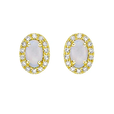 10K Yellow Gold Prong-set White Opal Earring with Diamond Halo