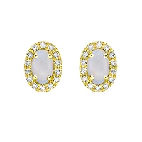 10K Yellow Gold Prong-set White Opal Earring with Diamond Halo