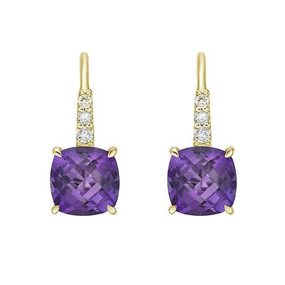 10K Yellow Gold Prong-set Cushion Amethyst Earrings with Diamond Accent