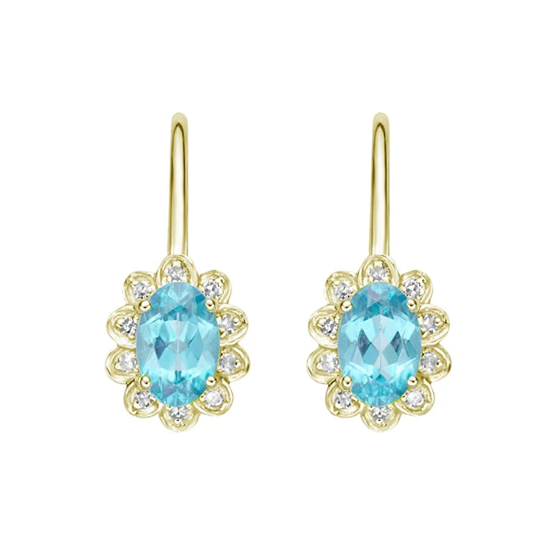 10K Yellow Gold Prong-set Blue Topaz Earrings with Diamond Halo