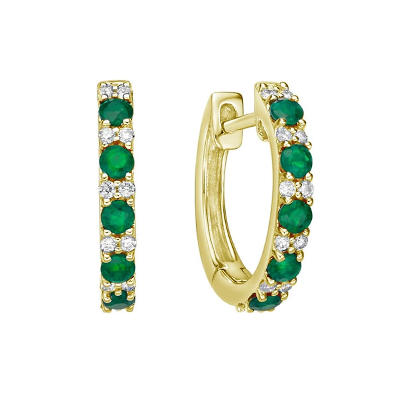 10K Yellow Gold Classic Emerald & Diamond Hoop Earrings