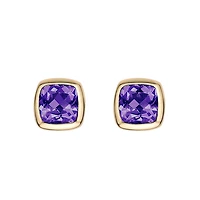 10K Yellow Gold Bezel-set Cushion Amethyst Stud Earrings
