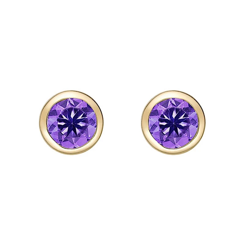 10K Yellow Gold Bezel-set Round Amethyst Stud Earrings