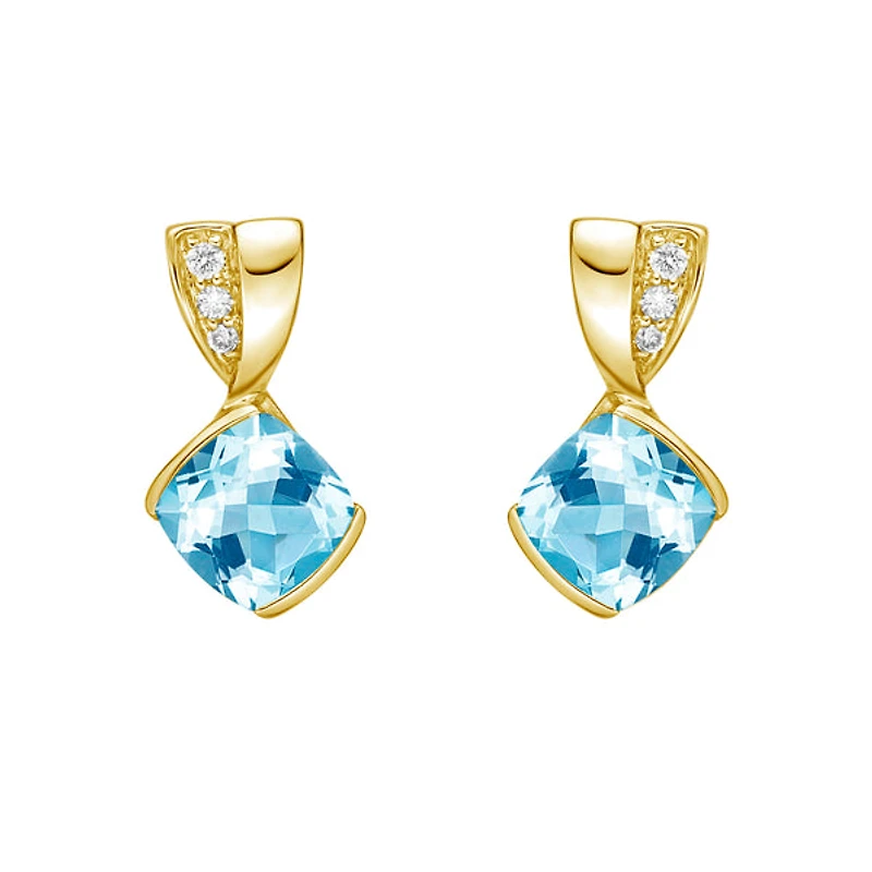 10K Yellow Gold Contemporary half channel bBlue Topaz Earrings with Diamond Accent