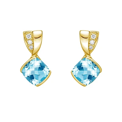 10K Yellow Gold Contemporary half channel bBlue Topaz Earrings with Diamond Accent