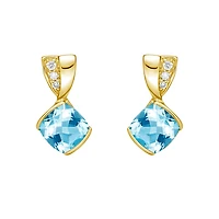 10K Yellow Gold Contemporary half channel bBlue Topaz Earrings with Diamond Accent