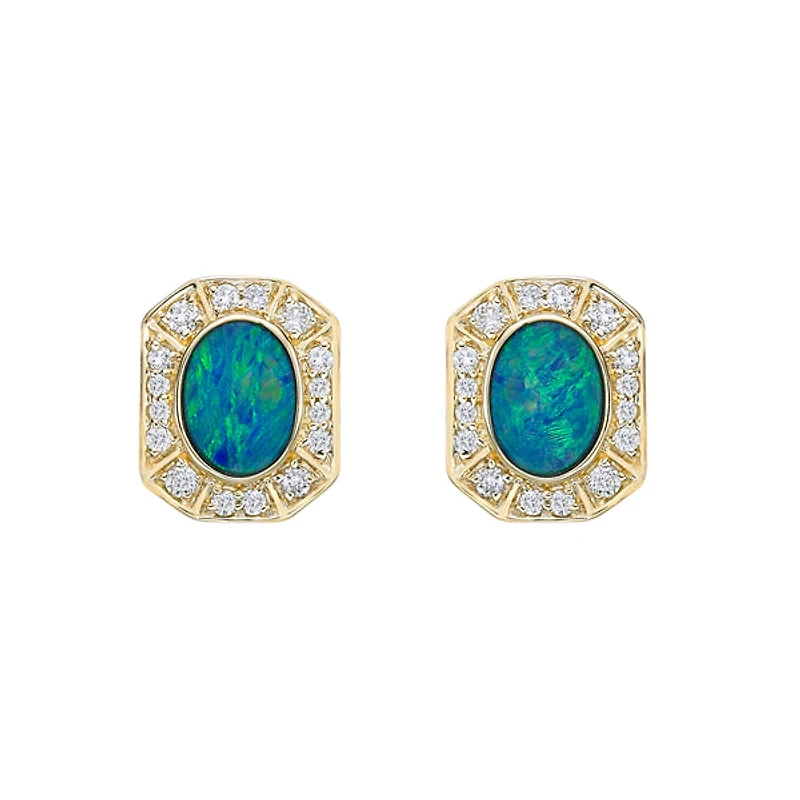 10K Yellow Gold Bezel-set Australian Opal Doublet Earrings with Diamond Halo