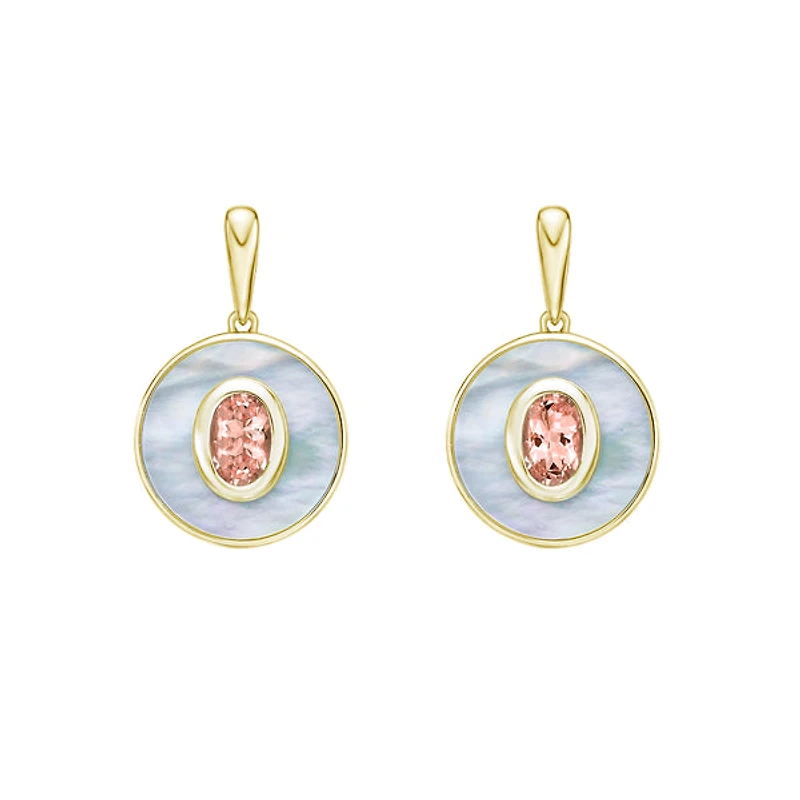10K Yellow Gold Morganite and Mother of Pearl Earrings