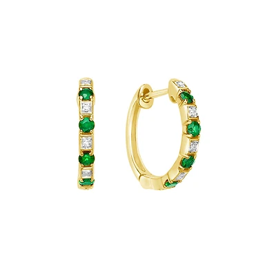 10K Yellow Gold Classic Round Emerald & Diamond Hoop Earrings
