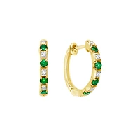 10K Yellow Gold Classic Round Emerald & Diamond Hoop Earrings