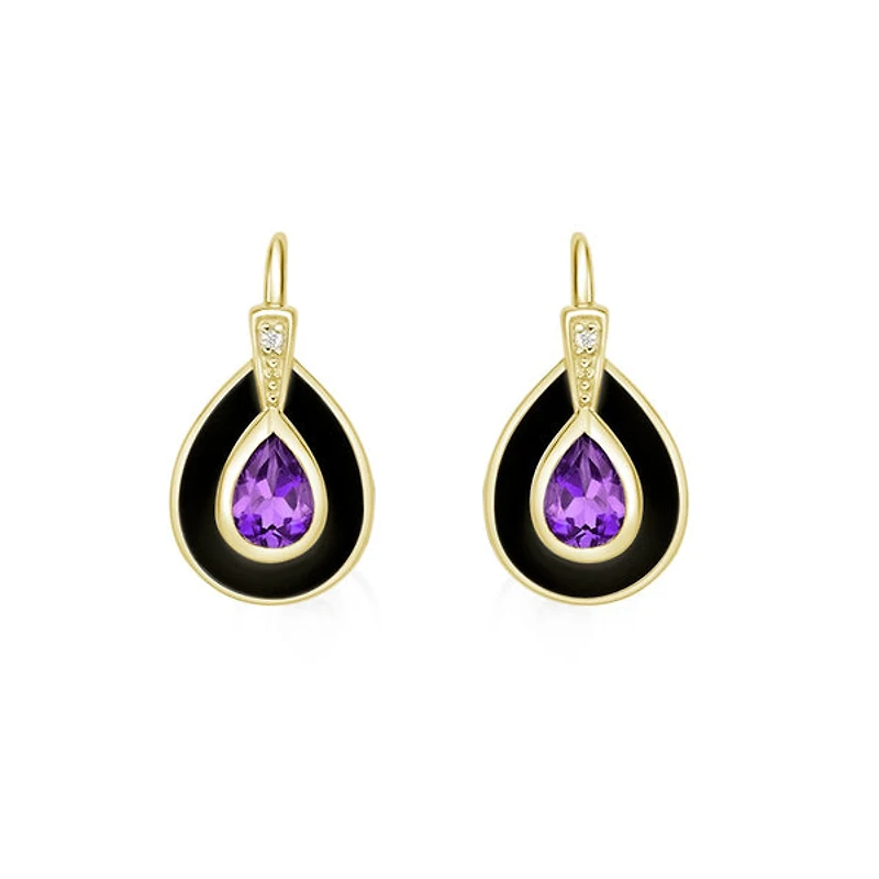 10K Yellow Gold Bezel-set Amethyst and Diamond Earrings with Enamel