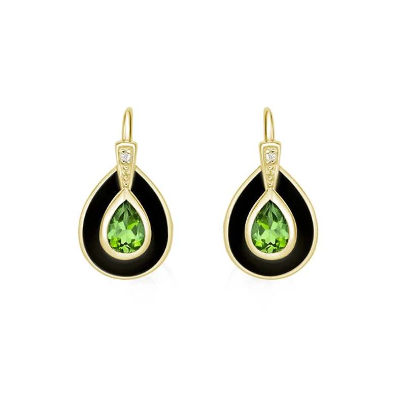 10K Yellow Gold Peridot and Diamond Earrings with Enamel