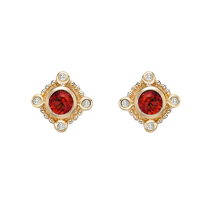 10K Yellow Gold Bezel-set Garnet Earrings with Diamond Accent