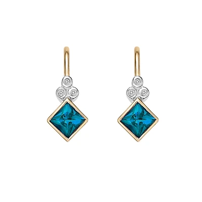 10K Yellow Gold Bezel-set lon Blue Topaz Earrings with Diamond Accent
