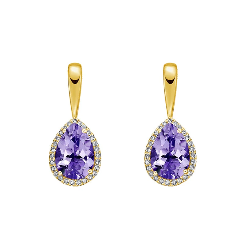 10K Yellow Gold Amethyst Earrings with Diamond Halo