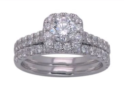 14K Gold 1.75cttw Natural Diamond Halo Engagement and Wedding Band Set - /