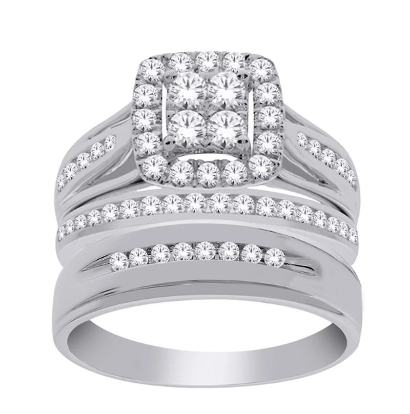 14K Gold 1.00cttw Natural Diamond Halo Engagement and Wedding Band Set Includes Third - /