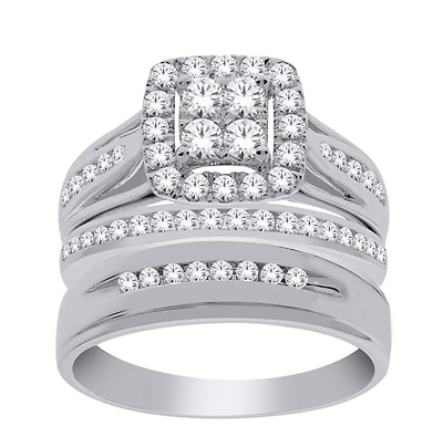 14K Gold 1.00cttw Natural Diamond Halo Engagement and Wedding Band Set Includes Third - /