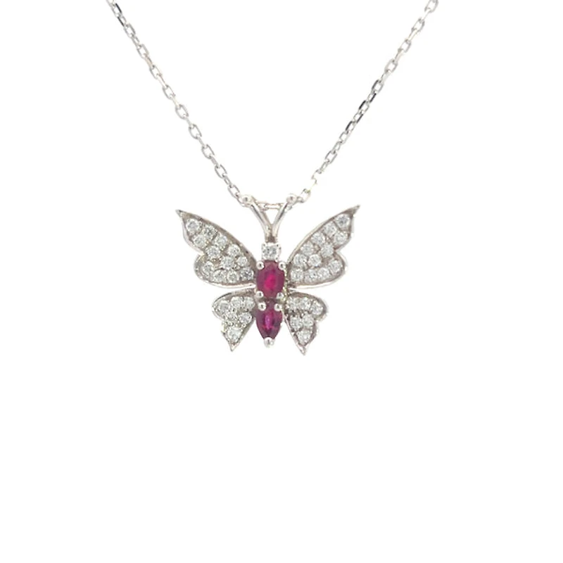 14K White Gold Ruby and Diamond Butterfly Necklace - 18"