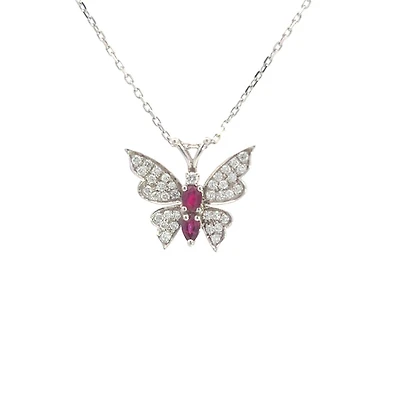 14K White Gold Ruby and Diamond Butterfly Necklace  - 18"