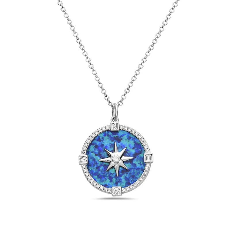 14K White Gold and 0.12cttw Diamond with Opal Compass Necklace, 18 inches