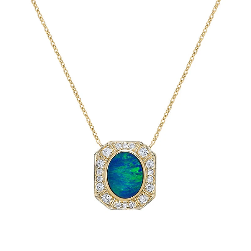 10K Yellow Gold Bezel-set australian Opal Doublet Necklace with Diamond Halo