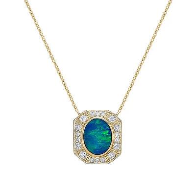 10K Yellow Gold Bezel-set australian Opal Doublet Necklace with Diamond Halo
