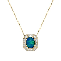 10K Yellow Gold Bezel-set australian Opal Doublet Necklace with Diamond Halo