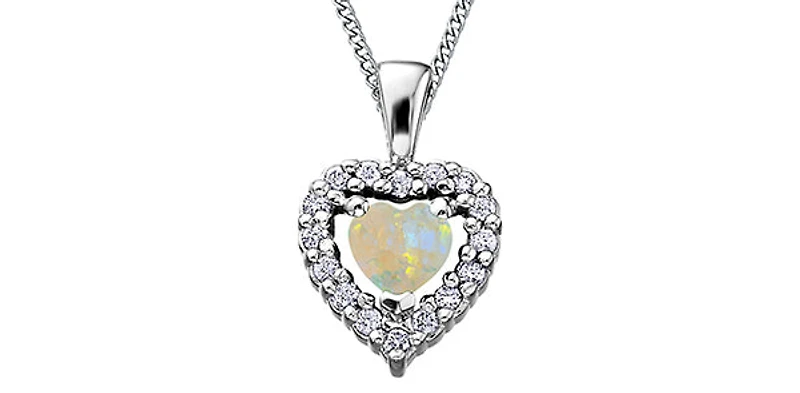 10K White Gold Opal and Diamond Heart Necklace, 18"