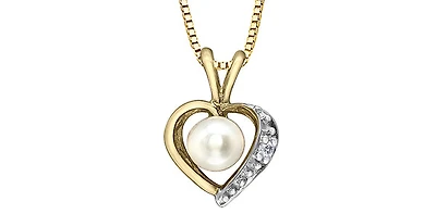 10K Yellow Gold Pearl and Diamond Heart Necklace