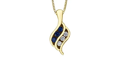 10K Yellow Gold 0.045 cttw Diamond and Sapphire Pendant, 18"