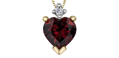10K Yellow Gold Garnet and Diamond Heart Pendant, 18"