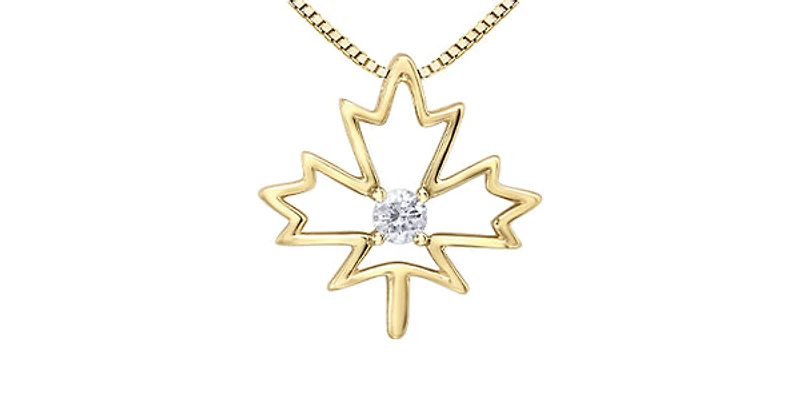 10K Yellow Gold 0.08cttw Canadian Diamond Maple Leaf Necklace, 18"