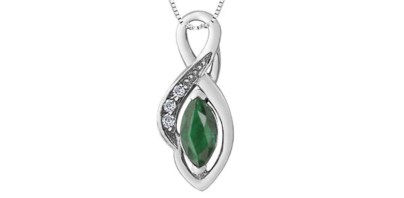 10K White Gold Diamond and Emerald Pendant, 18"