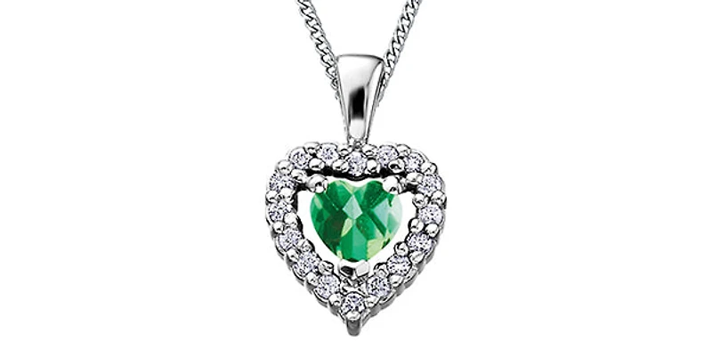 10K White Gold Emerald and Diamond Heart Necklace, 18"