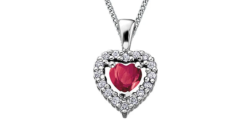 10K White Gold Ruby and Diamond Heart Necklace, 18"