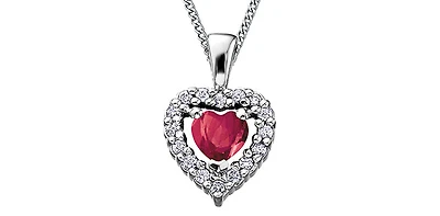 10K White Gold Ruby and Diamond Heart Necklace, 18"