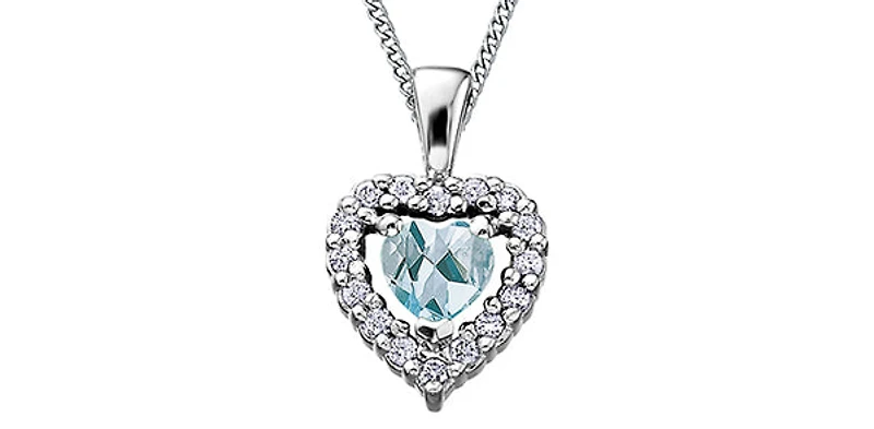10K White Gold Aquamarine and Diamond Heart Necklace, 18"