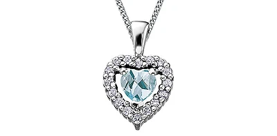 10K White Gold Aquamarine and Diamond Heart Necklace, 18"