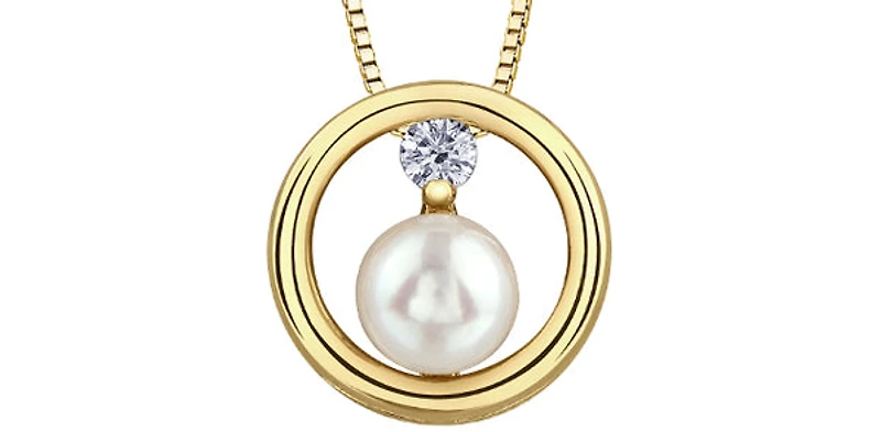 10K Yellow Gold 0.06cttw Canadian Diamond and Pearl Pendant, 18"