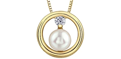 10K Yellow Gold 0.06cttw Canadian Diamond and Pearl Pendant, 18"