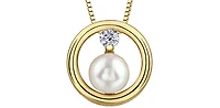10K Yellow Gold 0.06cttw Canadian Diamond and Pearl Pendant, 18"