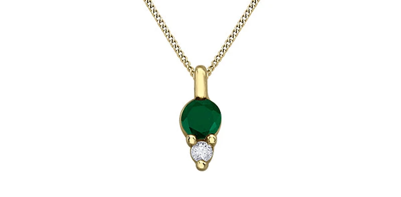 10K Yellow Gold Round Cut Emerald and Diamond Pendant, 18"