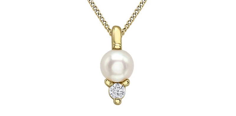 10K Yellow Gold Cultured Pearl and Diamond Pendant - 18"